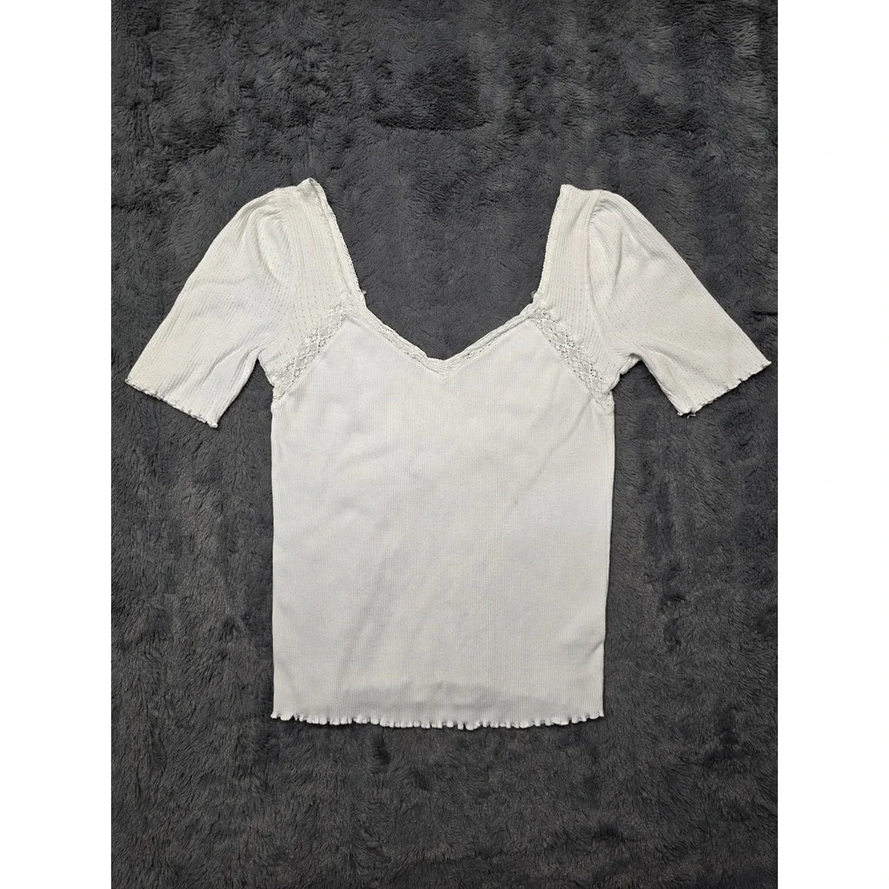 Free People Womens Ribbed Lace Trim V-Neck Short Sleeve Top White Puff Sleeve